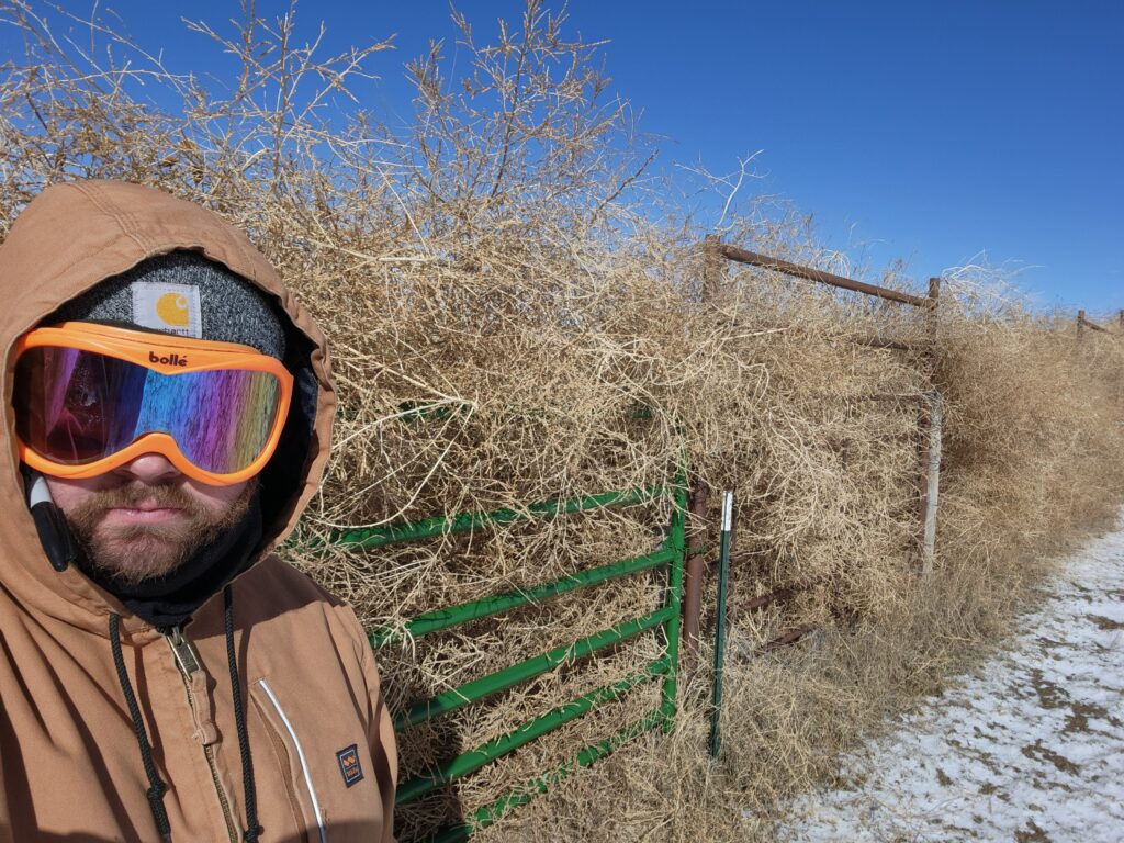 Michael Castle next to his tumbleweed-infested fence.